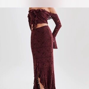 Meshki Burgundy Lace Maxi Skirt